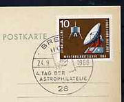 Postmark - West Germany 1966 postcard bearing 10pfg stamp with special cancellation for Fourth Astrophilately Day illustrated with Stylised stamp with Rocket & Globe