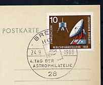 Postmark - West Germany 1966 postcard bearing 10pfg stamp with special cancellation for Fourth Astrophilately Day illustrated with Stylised stamp with Rocket & Globe