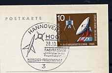 Postmark - West Germany 1966 postcard bearing 10pfg stamp with special cancellation for Specialist Congress on Space Travel, Hanover, illustrated with Rocket & Satellite
