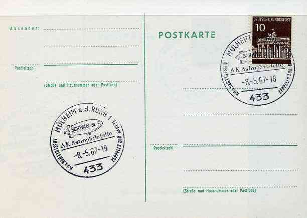 Postmark - West Germany 1967 postcard bearing 10pfg stamp with special cancellation for 'From Zeppelin to Rocket' Exhibition, illustrated with Schwab Airship