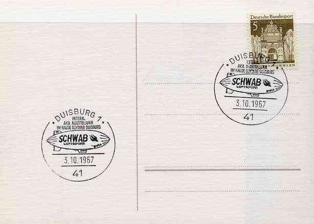 Postmark - West Germany 1967 postcard with special cancellation for Duisburg Space,Philately Exhibition, illustrated with Schwab Airship