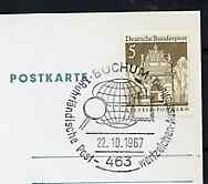 Postmark - West Germany 1967 postcard bearing 5pfg stamp with special cancellation for Bochum First Ruhrland Stamp Exhibition illustrated with Globe, Satellite, Stamp & Magnifying glass