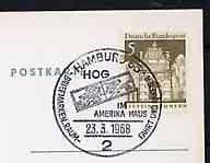Postmark - West Germany 1968 postcard with special Hamburg cancellation for Space Travel & Rocket Stamp Exhibition illustrated with USA 'Man in Space' se-tenant pair