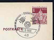 Postmark - West Berlin 1969 8pfg postal stationery card with special cancellation for Space Travel on Stamps Exhibition, Essen illustrated with Globe & two Satellites