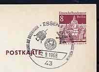Postmark - West Berlin 1969 8pfg postal stationery card with special cancellation for Space Travel on Stamps Exhibition, Essen illustrated with Globe & two Satellites