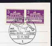 Postmark - West Berlin 1967 postcard with special cancellation for the 40th Anniversary of the International Aerophilatelic Club of Berlin illustrated with Jet aircraft & Rocket