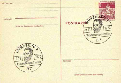 Postmark - West Berlin 1970 8pfg postal stationery card with special cancellation for 75th Anniversary of Röntgen X-Rays illustrated with Portrait of Röntgen