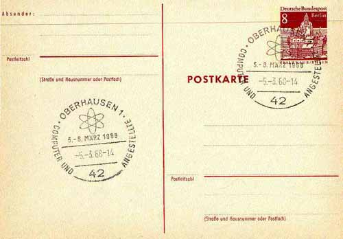 Postmark - West Berlin 1968 8pfg postal stationery card with special cancellation for Congress on Computers & Employees illustrated with Atomium