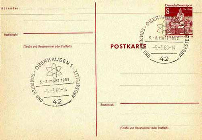 Postmark - West Berlin 1968 8pfg postal stationery card with special cancellation for Congress on Computers & Employees illustrated with Atomium