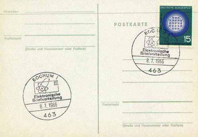 Postmark - West Berlin 1966 postcard with special cancellation for the Introduction of electronic Letter Sorting illustrated with stylised letter and Nuclear symbol