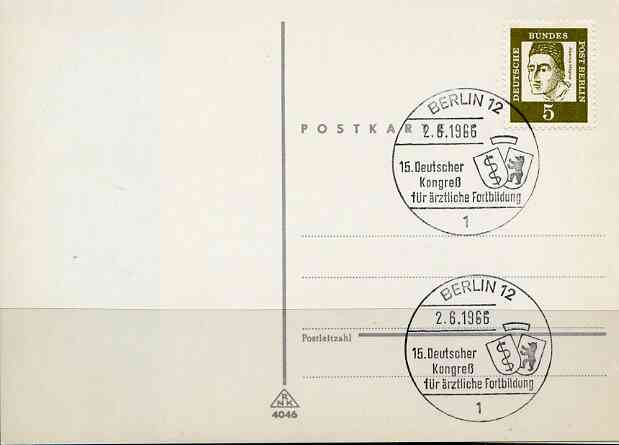 Postmark - West Berlin 1966 postcard with special cancellation for German Congress for Medical Further Education illustrated with Shields
