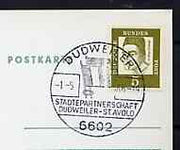 Postmark - West Germany 1966 postcard with special cancellation for Stamp Exhibition for Twinning of Dudweiler & St Avold, illustrated with German & French Flags