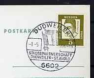 Postmark - West Germany 1966 postcard with special cancellation for Stamp Exhibition for Twinning of Dudweiler & St Avold, illustrated with German & French Flags