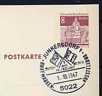 Postmark - West Berlin 1967 8pfg postal stationery card with special cancellation for Fifth Anniversary of German - Belgian Friendship illustrated with Crossed Flags
