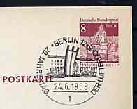 Postmark - West Berlin 1968 8pfg postal stationery card with special cancellation for 20th Anniversary of Berlin Airlift Stamp Exhibition illustrated with Airlift Monument