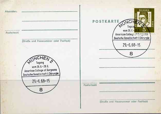 Postmark - West Germany 1968 postcard with special cancellation for Joint Congress of the American College of Surgeons &,the German Society of Surgeons