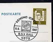 Postmark - West Berlin 1967 postcard with special cancellation for Third Interphil Exchange Day illustrated with stylised stamp & Interphil Badge