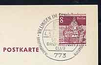 Postmark - West Berlin 1969 8pfg postal stationery card with special cancellation for Villingen Stamp Exhibition illustrated with 12k stamp of the Local Landpost