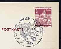 Postmark - West Berlin 1969 8pfg postal stationery card with special cancellation for Jülich Stamp Collectors' Association illustrated with Prussian stamp & '690' ring cancel