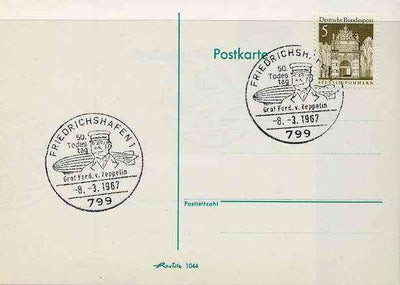 Postmark - West Germany 1967 postcard with special Friedrichshafen cancellation for 50th Anniversary of Death of Count Ferd von Zeppelin illustrated with his Portrait with Airship