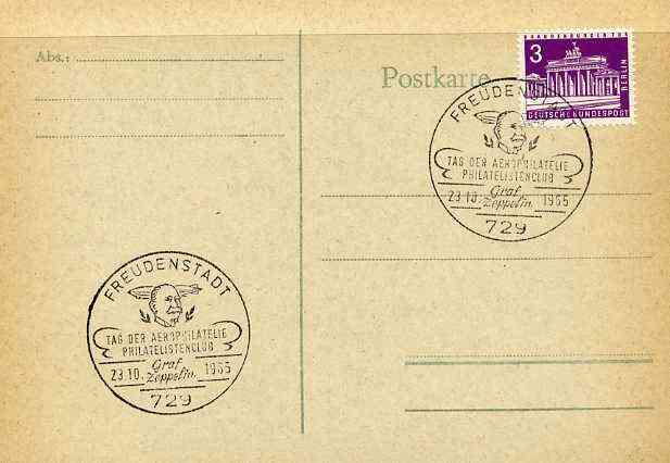 Postmark - West Berlin 1967 postcard with special Freudenstadt cancellation for Graf Zeppelin Philatelists' Club illustrated with head of Zeppelin & Airship