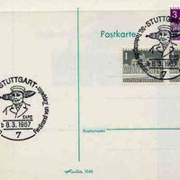 Postmark - West Berlin 1967 postcard with special Stuttgart cancellation for 50th Anniversary of Death of Count Ferd von Zeppelin illustrated with head of Zeppelin & Airship