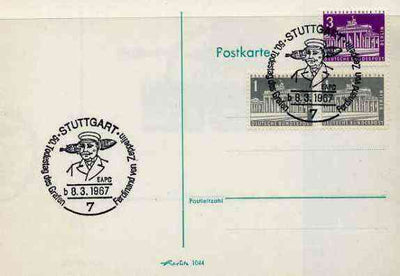 Postmark - West Berlin 1967 postcard with special Stuttgart cancellation for 50th Anniversary of Death of Count Ferd von Zeppelin illustrated with head of Zeppelin & Airship