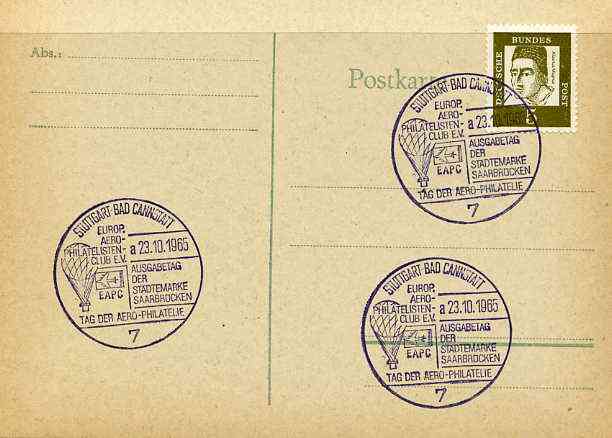 Postmark - West Germany 1965 postcard with special Stuttgart cancellation for Aerophilatelists' Day illustrated with Balloon