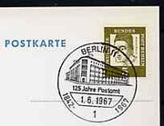 Postmark - West Berlin 1967 postcard with special cancellation for 125th Anniversary of Post Office Building in Berlin 11 illustrated with the Building