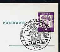 Postmark - West Berlin 1967 postcard with special cancellation for Baden-Württemburg Youth Stamp Exhibition illustrated with Postal Courier & old Württemburg Stamp