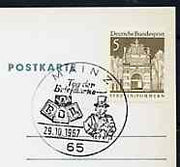 Postmark - West Germany 1967 postcard with special Mainz cancellation for Stamp Day illustrated with Bust of early Postman & Badge of Federation of German Philatelists