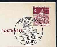 Postmark - West Berlin 1968 8pfg postal stationery card with special Wertingen cancellation for 25th Anniversary of Philatelic Collectors' Guild illustrated with Mailcoach