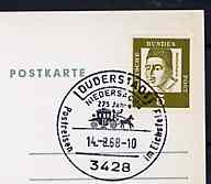 Postmark - West Germany 1968 postcard with special cancellation for 275 Years of the Post in Duderstadt illustrated with Mailcoach
