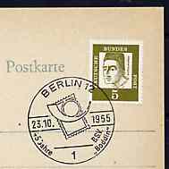 Postmark - West Germany 1965 postcard with special Berlin cancellation for 45th Anniversary of Boddin Stamp Collectors' Society illustrated with stylised stamp and posthorn