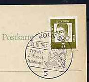 Postmark - West Germany 1965 postcard with special Cologne cancellation for Airmail Philatelists' Day illustrated with Aircraft and stylised stamp