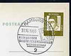 Postmark - West Germany 1965 postcard with special Hamburg cancellation for Stamp Collectors' Publicity Show illustrated with stylised stamp & Initials BUW