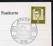 Postmark - West Germany 1966 postcard with special Stade cancellation for 4th Stade Stamp Exhibition illustrated with stylised stamp showing Savings Bank Building