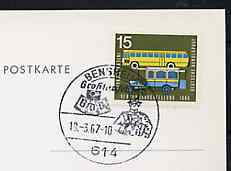Postmark - West Germany 1967 postcard with special Bensheim cancellation for 14th Exchange Day illustrated with Bust of early Postman & Badge of Federation of German Philatelists