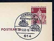 Postmark - West Berlin 1968 8pfg postal stationery card with special Bensheim cancellation for 15th Exchange Day illustrated with Bust of early Postman & Badge of Federation of German Philatelists