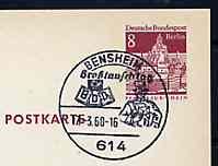 Postmark - West Berlin 1968 8pfg postal stationery card with special Bensheim cancellation for 15th Exchange Day illustrated with Bust of early Postman & Badge of Federation of German Philatelists