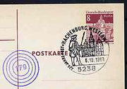 Postmark - West Berlin 1968 8pfg postal stationery card with special cancellation for 225th Anniversary of the Post in Hachenburg illustrated with Postal Messenger & Church plus cachet of the old Hachenburg '179' ring cancel