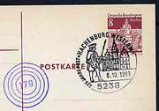 Postmark - West Berlin 1968 8pfg postal stationery card with special cancellation for 225th Anniversary of the Post in Hachenburg illustrated with Postal Messenger & Church plus cachet of the old Hachenburg '179' ring cancel
