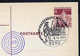 Postmark - West Berlin 1968 8pfg postal stationery card with special cancellation for 225th Anniversary of the Post in Hachenburg illustrated with Postal Messenger & Church plus cachet of the old Hachenburg '179' ring cancel