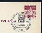 Postmark - West Berlin 1969 8pfg postal stationery card with special Dortmund cancellation for Stamp Exhibition illustrated with reproduction of Hamburg Stamp Exhibition Issue