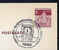 Postmark - West Berlin 1968 8pfg postal stationery card with special Rheinfelden cancellation for Stamp Exhibition illustrated with Baden 1kr stamp