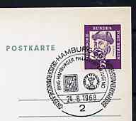 Postmark - West Berlin 1968 postcard with special Hamburg cancellation for Youth Stamp Exhibition illustrated with Reproductions of Rumania & Hamburg's first issues