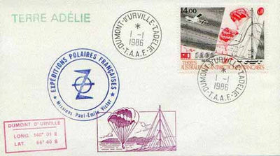 French Southern & Antarctic Territories 1986 Scientific Research (Plane, Parachutes & Aerial) on illustrated cover with first day cancel, SG 218