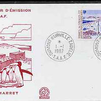 French Southern & Antarctic Territories 1987 Marret Base on illustrated cover with first day cancel showing Helicopter & Penguins, SG 223
