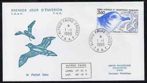 French Southern & Antarctic Territories 1989 Flora & Fauna 3f60 (Blue Petrel) on illustrated cover with first day cancel, SG 247