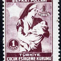 Turkey 1945 Obligatory Tax 1k (Nurse Holding Baby) unmounted mint with red (star) omitted, unlisted by Gibbons (SG T1354var)